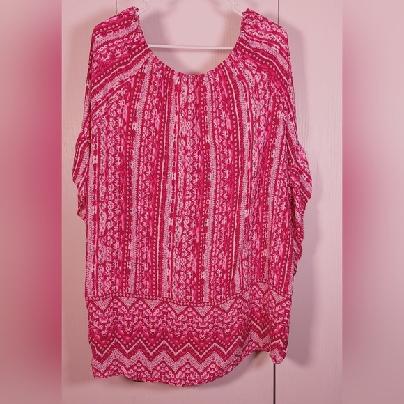 Terra & Sky Fucshia Printed Ruffle Bell Sleeve Size 2X Tunic Top Flowy Boho - Picture 4 of 10
